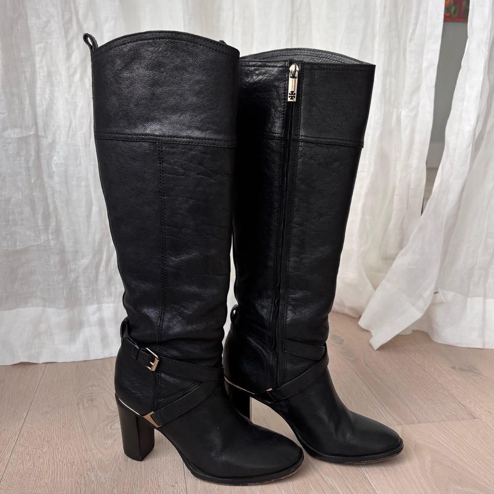Vintage Tory Burch Mid-Heel Leather Knee-High Riding Boots in Black